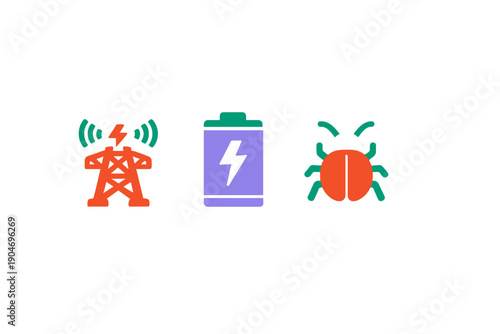 Electric tower, battery, and insect icons represent technology, energy, and nature in a simple design found online in a bright digital format