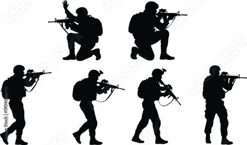 Collection of Black Vector Silhouettes Featuring Modern Soldiers in Tactical Gear with Rifles Kneeling Aiming and Walking for Military Combat and Army Mission Design