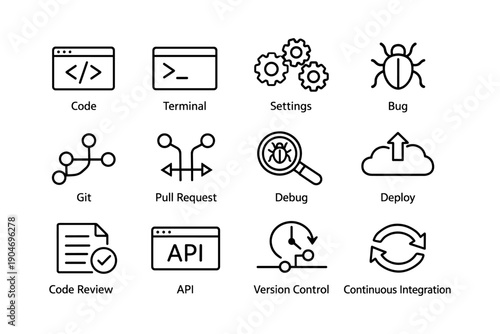 Programming icons: code, terminal, settings, bug, git, api, debug, deploy