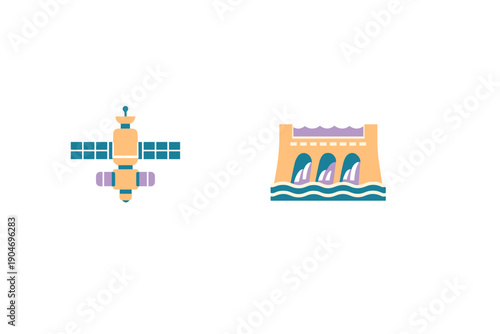 Space station and dam illustration showing technology and infrastructure in a simple design related to energy and science