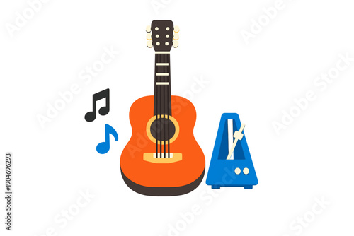 Guitar with metronome and musical notes sits on a flat surface suggesting music practice time for beginners and experienced players