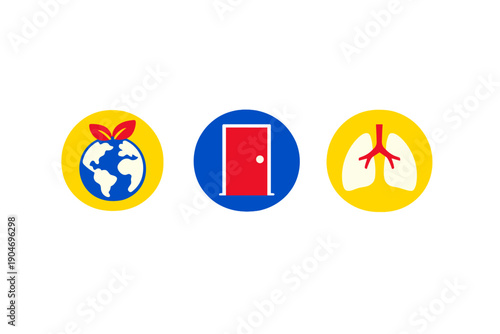 Three colorful symbols showing earth, a door, and lungs representing different ideas or concepts in a simple design