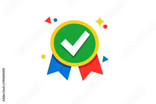 Celebration symbol with green check mark and colorful ribbons in a simple design for awards and achievements