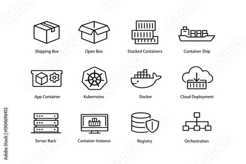 Containerization and cloud icons: shipping box, docker, kubernetes, server rack, orchestration