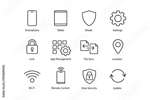 Technology icon set: smartphone, tablet, data security, app management, wi-fi
