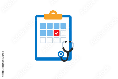 Health appointment calendar with a stethoscope in a simple design, showing dates and a checkmark indicating a confirmed visit for medical care