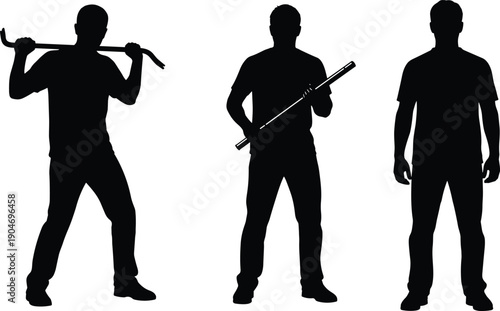 Collection of Black Vector Silhouettes Featuring Three Men Holding a Crowbar and Heavy Metal Rod for Construction Home Renovation Demolition and Manual Industrial Labor