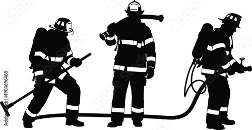Collection of Black Vector Silhouettes Featuring Three Professional Firefighters in Full Protective Gear with Hose and Tools for Fire Department Emergency and Rescue Services