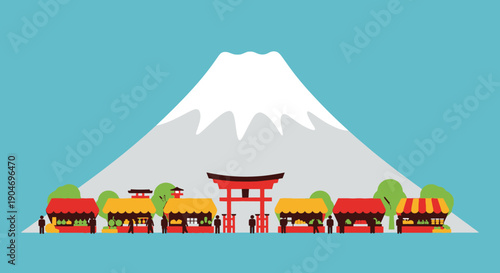 A Japanese Village Scene with Traditional Stalls and Mount Fuji in the Background, Cultural Landmark, Serene Landscape, Local Market, Traveling to Japan, and Japanese Traditions