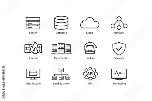 Digital infrastructure icons: server, database, cloud, network, security, monitoring