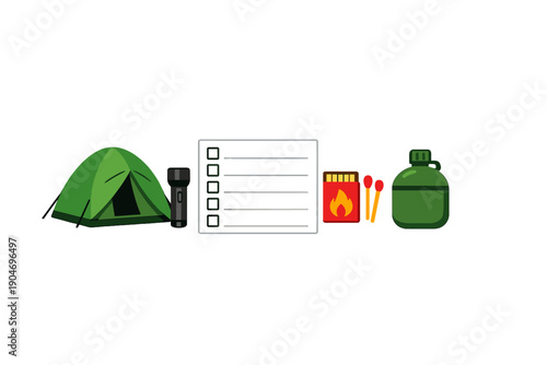 Camping gear and supplies with tent, flashlight, checklist, fire starter, matches, and water bottle ready for outdoor adventure
