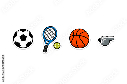 Different types of sports equipment display for soccer, tennis, basketball, and a whistle for coaching or refereeing actions organized in a row with no background