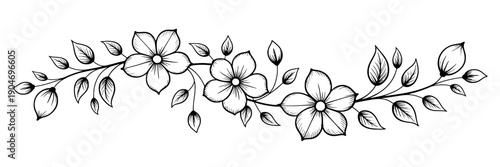 Branch floral line art border with three blooming flowers and leaves, black ink sketch botanical ornament for wedding invitations, greeting cards, logo, tattoo design