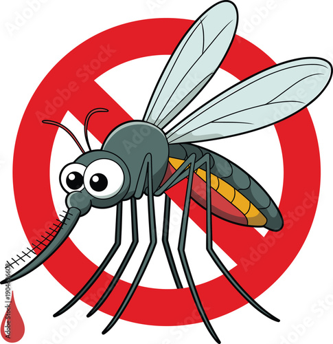 Cartoon mosquito character with a red prohibition sign for pest control, malaria prevention, summer insect repellent, healthcare, and safety warning,