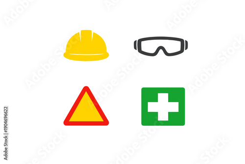 Safety gear and symbols are shown together in a clear format, including a helmet, goggles, warning sign, and first aid symbol to promote workplace safety and awareness