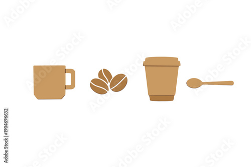 Coffee preparation with a mug, coffee beans, to-go cup, and spoon displayed on a simple background