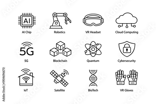 Icons of ai, robotics, vr, cloud, 5g, blockchain, quantum, cybersecurity, iot, satellite, biotech, vr gloves