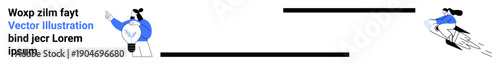 Business communication, teamwork, collaboration, remote work, innovation, professional workflow. Illustration of two characters exchanging ideas across a distance. Business communication and teamwork
