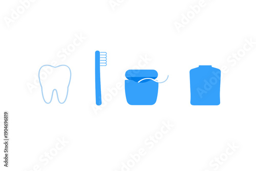 Blue icons show dental tools for oral care, including floss, toothbrush, container, and dental product against a white background