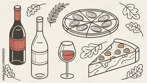 A linear sketch displays two wine bottles and a glass next to a whole pizza and a single slice surrounded by oak leaves.