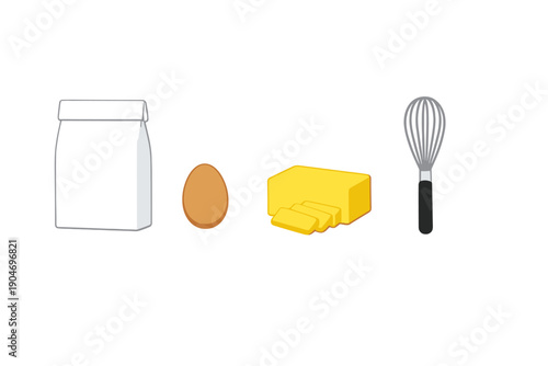 Ingredients for making a simple recipe using flour, egg, and butter with a whisk for mixing in the kitchen during daytime