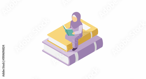 Young Muslim woman in hijab reading a book while sitting on a stack of books, isometric illustration