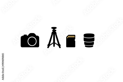 Different tools used for photography including a camera, a tripod, a memory card, and a lens shown in flat graphic style