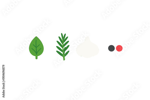 Different types of herbs and spices shown in a clean layout with a focus on food preparation and cooking, ideal for recipes and culinary presentations