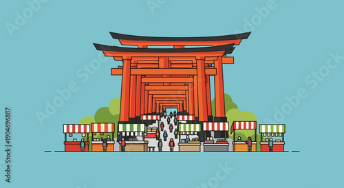 A Vibrant Japanese Shrine Entrance with a Bustling Market and Traditional Stalls Evokes a Sense of Culture and Community Festivity