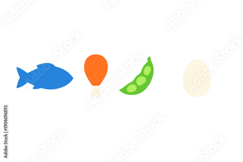 Unique shapes of food items in bright colors on a white background in a simple layout showing fish, chicken, peas, and an egg