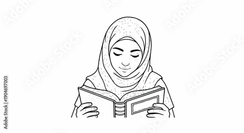 Line art illustration of a young Muslim woman wearing a hijab, deeply engrossed in reading an open book, symbolizing education, knowledge, and faith.