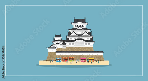 A traditional Japanese castle with a bustling street market below featuring colorful stalls and people enjoying the festive atmosphere during the day