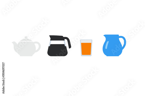 Various beverage containers lined up on a white background showcasing a teapot, coffee maker, glass of orange juice, and a blue pitcher