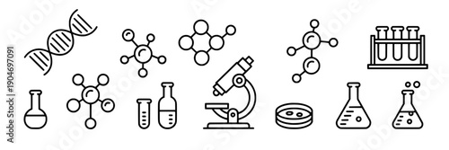 Laboratory icons set with DNA, molecules, microscope, beakers, and test tubes outlined in black line art style featuring science, lab equipment, scientific symbols with chemistry and biology elements