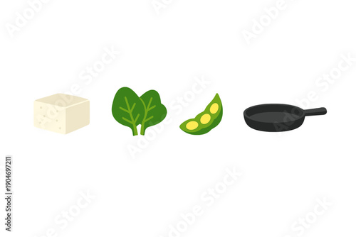 Cooking with tofu, spinach, and edamame in a frying pan for a healthy meal option in the kitchen