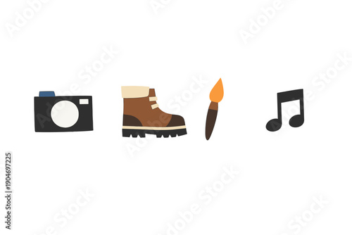 Various icons showing a camera, a boot, a paintbrush, and a music note representing different activities and hobbies