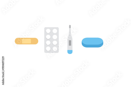 Medical items including a bandage, pill, thermometer, and tablet for health care use in a clinical setting at any time during the day