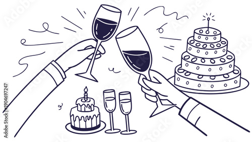 Two hands wearing suit sleeves lift glasses of red wine for a toast near a tiered birthday cake and festive confetti in a black outline.