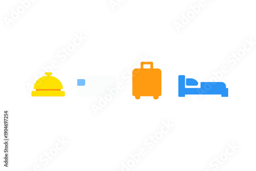 Icons show hotel check-in process with bell, card, luggage, and bed for travelers planning their stay