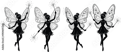 Collection of Four Black Vector Silhouettes Featuring Beautiful Magical Fairies with Butterfly Wings and Sparkly Wands for Fantasy Mythology and Enchanted Storybook Graphic Design