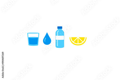 Different items related to refreshing drinks on a clean white background including a glass of water, a water droplet, a bottle of water, and a lemon slice