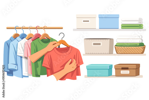 Sorting and organizing clothes on hangers and shelves in a closet during daytime