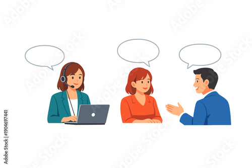 In a bright room, three people are involved in a discussion where one person listens while using a headset and a laptop as two others talk