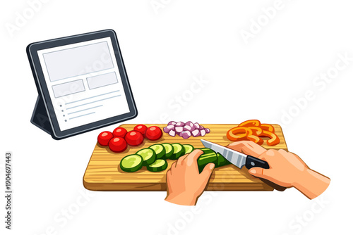 Cutting vegetables on a wooden board with a tablet for cooking instructions in a kitchen setting around midday