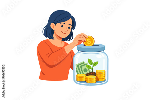 Woman saving money in a jar while planting a small plant in a financial growth activity at home in the daytime