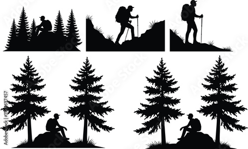 Collection of Minimalist Black Silhouettes Featuring Hikers with Backpacks Trekking through Pine Forests and Sitting on Rocks in Nature Isolated on White Background