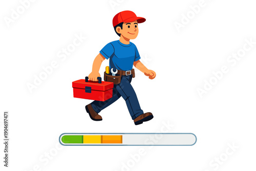 Worker carries a toolbox while walking on a progress bar showing different levels of completion during a task at a job site in broad daylight