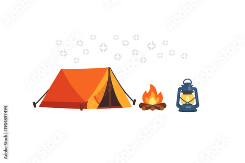 Camping setup includes a tent, campfire, and lantern during nighttime with stars in the background and smoke from the fire in the air
