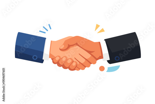 Two hands shake in a business agreement during a meeting in an office setting in the afternoon with colorful graphics around