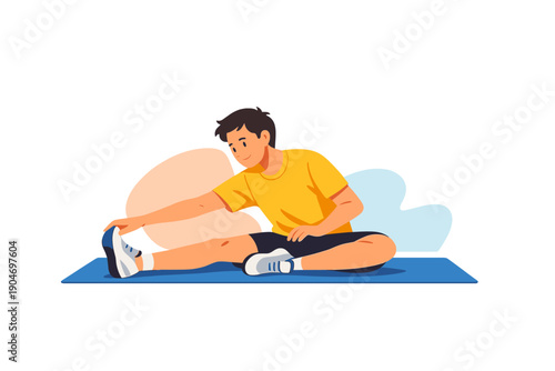 Young person stretches on a blue mat indoors during a workout session to improve flexibility and fitness in the morning hours